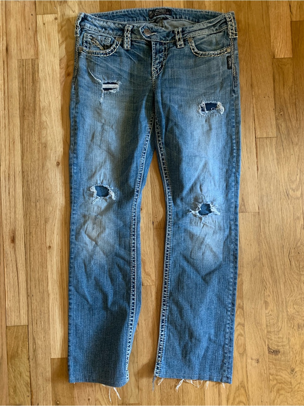 Silver Jeans Women's Distressed Boot Cut Jeans - Medium Blue